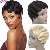 Short Finger Wave Wig Pixie Cut Wig Human Hair Remy Peruvian Short Natural Wave Wigs 613 Red Brown Orange 27 Color Non Lace Wig