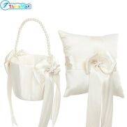 2023 Wedding Flower Girl Basket Ring Pillow Set Romantic Satin Bow Pearls
