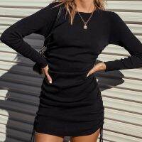 Womens new winter dress female side draw string long-sleeved round collar one pace