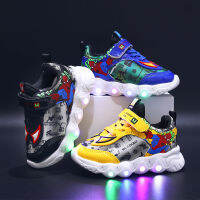 [คลังสินค้าพร้อม] ใหม่ Soft-Soled เด็กหนังเด็กรองเท้ากีฬาเด็กไฟ LED รองเท้าการ์ตูนรองเท้าวิ่งเบา