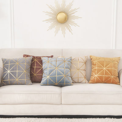 New 45X45CM Modern Velvet Golden Bronzing Embroidery Geometric Lattice Cushion Cover Home Decorative Sofa Simple Throw Pillow pillowcase living room bedroom