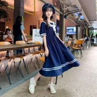 【Ready】? Girls Dress 2023 Summer New Japanese Navy Collar Skirt Summer Dress Middle School Childrens College Style Skirt Trendy