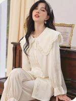 ❃◆ CRLAYDK New in Women 39;s Pajamas Jacquard Ruffle Large Collar Cute Loungwear Soft Silk Long Sleeve Sleepwear Button Down Nightwear