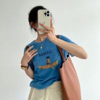 ต้นฉบับ Blue bamboo cotton short sleeve T-shirt female commute in the summer of 2023 the new Korean version easy printing embroidery joker jackets