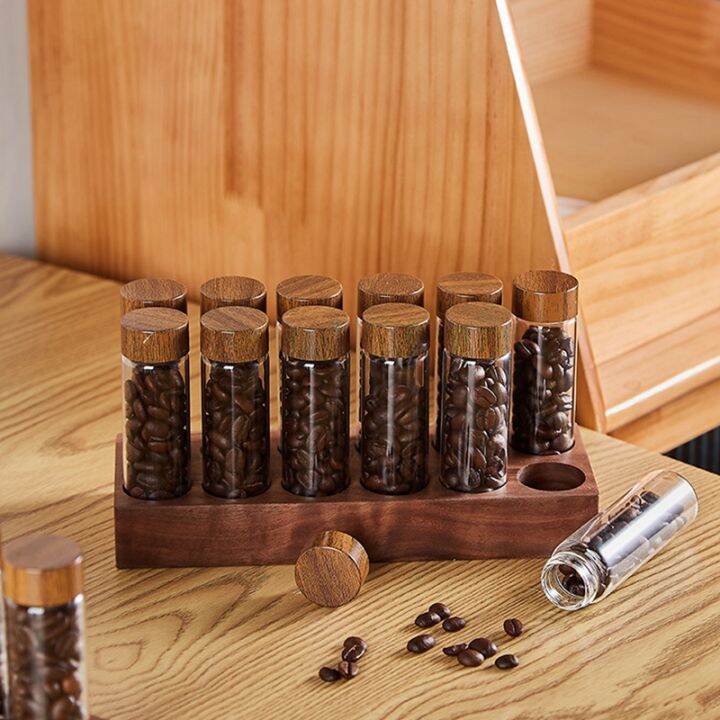 single-dose-coffee-bean-storage-tubes-coffee-bean-cellar-wooden-display-stand-and-funnel-espresso-accessories