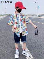 Boys short-sleeved floral summer thin coat 2023 new foreign style big childrens handsome fried street