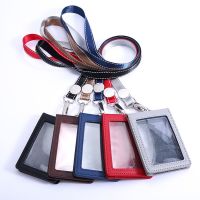 Genuine Leather Folding Type ID Tag Bus Pass Card Cover Case Staff Work Card Holder With Lanyard Bank Credit Card Holder Strap