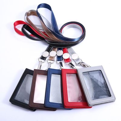 hot！【DT】✼  Leather Folding Type ID Tag Bus Pass Card Cover Staff Holder With Lanyard Bank Credit