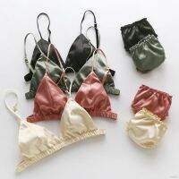 ✨ in2it ღ Smooth Satin No Steel Ring 3/4 Cup Gathered Triangle Cup Bra Panties Set