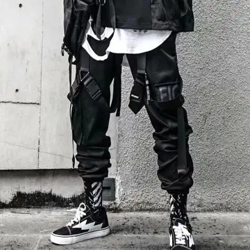 6 Pocket Black Cargo Pants Hip Hop Streetwear Jogger Elastic Waist Korean  Sweatpants