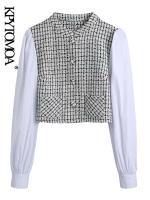 KPYTOMOA Women Fashion Contrast Tweed Cropped Blouses Vintage Long Sleeve Patch Pockets Female Shirts Blusas Chic Tops