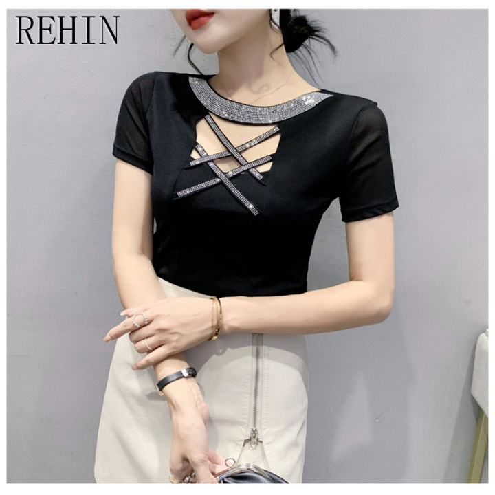 rehin-เสื้อยืดแขนสั้นสำหรับผู้หญิง-เสื้อยืดแขนสั้นสำหรับตาข่ายที่สวยงามดีไซน์สลิมมิ่งคอกลมแฟชั่นฤดูร้อน
