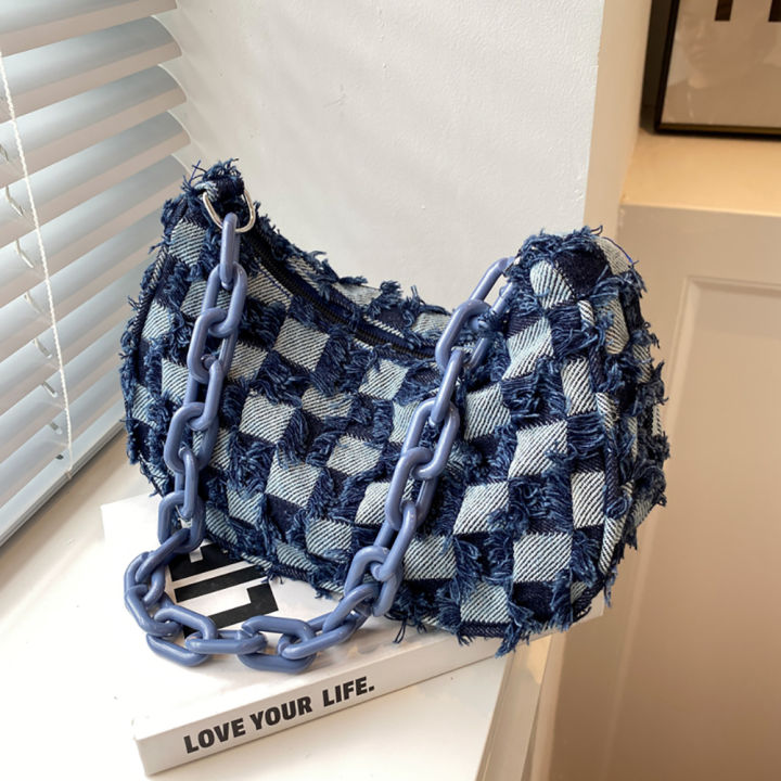 จัดส่งเร็ว-ผ้ายีนส์วินเทจสำหรับผู้หญิงกระเป๋าถือลายตารางสีฟ้ากระเป๋าสะพายเล็กสำหรับ-rantai-akrilik