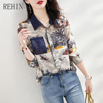 REHIN ผู้หญิงฤดูใบไม้ร่วงใหม่ Niche POLO Collar พิมพ์เสื้อแขนยาวหลวมแถวเดียว Multi-ปุ่มอเนกประสงค์หมึกพิมพ์เสื้อ