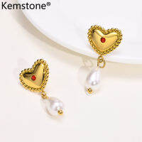 Kemstone สเตนเลสสตีลสีแดงมุกคริสตัลต่างหูแบบห้อยหัวใจเครื่องประดับสำหรับผู้หญิง