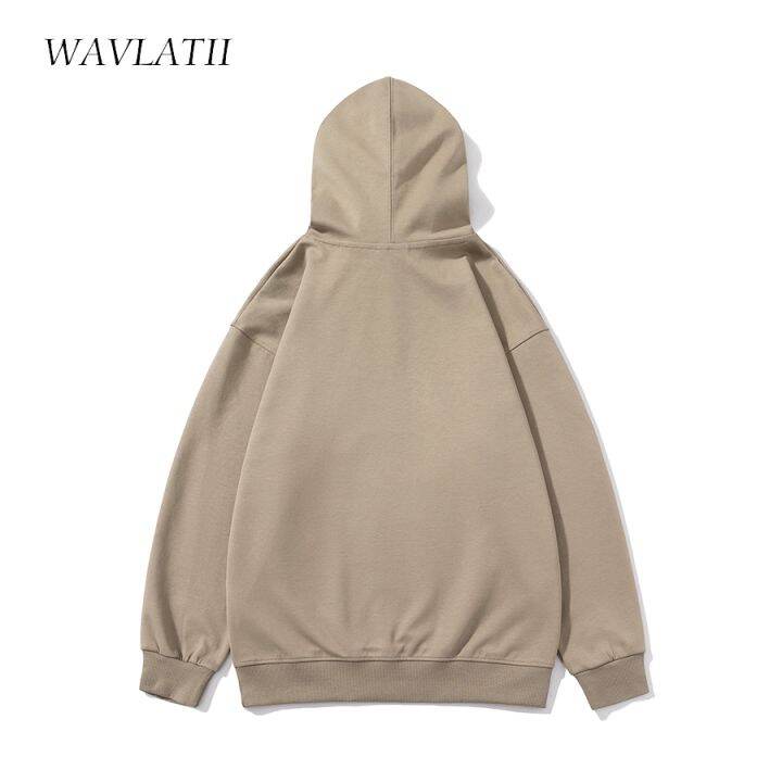 wavlatii-เสื้อฮู้ดผู้หญิงโอเวอร์ไซส์-เสื้อมีฮู้ดเสื้อแนวสตรีทโอเวอร์ไซส์สีกากีสีขาวทึบผ้าฝ้ายลำลองเสื้อ-wh2276แบบสปอร์ต