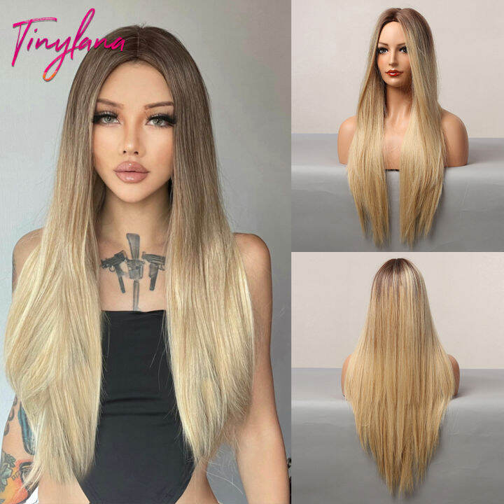 long-straight-synthetic-white-blonde-brown-hair-wig-with-bangs-for-black-women-cosplay-party-daily-ombre-highlight-natural-hair