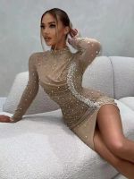 Inverno De Luxo Feminino แมนกาลองกาเซ็กซี่ Drapeado Beading Pérola Bee Mini Bodycon Vestido 2023 Elegante Festa À Noite Clube