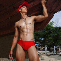 SW007 กางเกงว่ายน้ำชาย Mens Swimwear บีกีนี่ว่ายน้ำผ้าเงา ด้านหลังพิมพ์ awesome แบบใหม่ล่าสุด