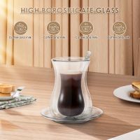 Coffee Cup Set with Saucer and Glass Spoon Heat Preservation Double Glass Transparent Black Tea Cup Household Tea Cup