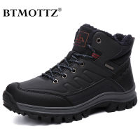 2021Leather Men Boots Sneakers Warm Fur Snow Boots Men Winter Work Casual Shoes 2019 Military Rubber Ankle Boots Waterproof BTMOTTZ
