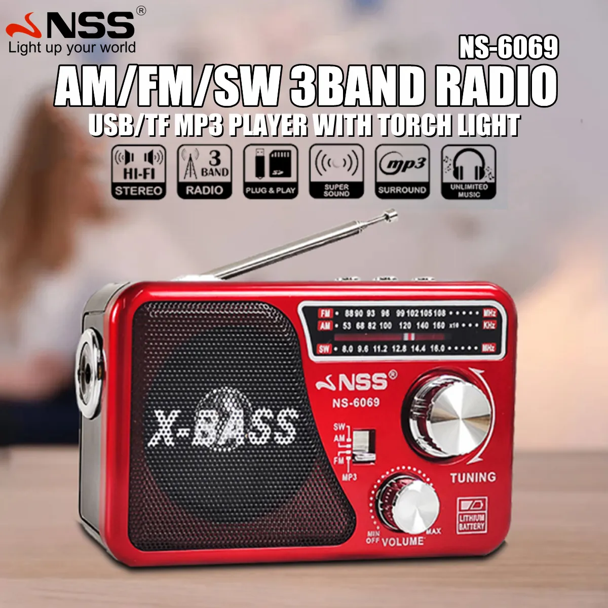 NSS - X-BASS Solar AM/FM/SW 3Band Radio USB/TF/ MP3 Player With Torch Light  Mini Portable Speaker High Quality Antenna NS-6069 | Lazada PH