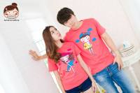 เสื้อคู่รัก เสื้อครอบครัว สีโอโรส ลายเล่นน้ำ