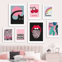 บทคัดย่อ Wall Art ภาพวาดผ้าใบ Black Cat Zebra Rainbow Cherry Nordic โปสเตอร์และพิมพ์ภาพผนังสำหรับตกแต่งห้องนั่งเล่น