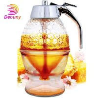 DEOUNY Honey Dispenser No Drip Acrylic Maple Syrup Dispenser Beautiful Comb Shaped Pot Jar With Stand Kitchen Home Drinkware