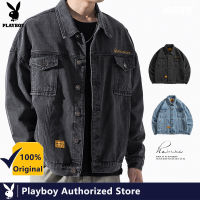 PLAYBOY แจ็กเก็ตยีนส์ผู้ชายสไตล์เรโทร,เสื้อแจ็คเก็ตยืดเข้ารูป