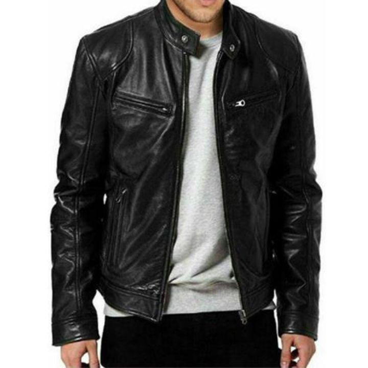 ราคาถูก-us-mens-fashion-lambskin-leather-jacket-slim-fit-biker-pu-jacket-coat