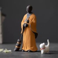 C Zen Meditation Chinese Style White Porcelain Purple Sand Figure Sweeping Monk Study Room Ornament Desktop Decoration Landscaping