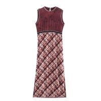 ZZOOI KPYTOMOA Women 2020 Chic Fashion Patchwork Printed Midi Dress Vintage Sleeveless Beading Side Vents Female Dresses Vestidos