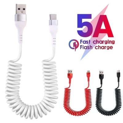 5A USB Type C Spring Pull Telescopic Data Cable Micro USB Fast Charging Cable for Xiaomi POCO Huawei P50 P40 Pro Car USB Cable