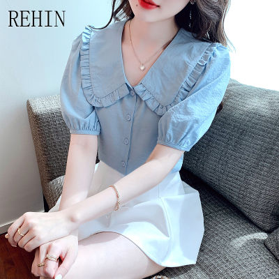 REHIN เสื้อสไตล์เกาหลีแบบใหม่แขนพองหวานสำหรับผู้หญิง,เสื้อแขนสั้นคอตุ๊กตาแฟชั่นฤดูร้อน