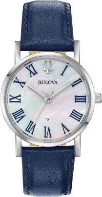 Bulova Classic Quartz Ladies Watch, Stainless Steel with Blue Leather Strap, Silver-Tone (Model: 96M146)