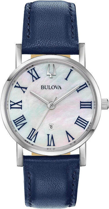 bulova-classic-quartz-ladies-watch-stainless-steel-with-blue-leather-strap-silver-tone-model-96m146