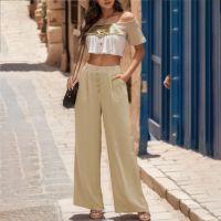 Summer Loungewear Womens Flowy Pants Cotton Linen Wide Leg Palazzo Pants Long Slacks High Waist Button Trousers With Pocket