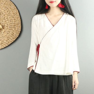 Hanfu เสื้อชุดจีนฝ้ายลินินแบบจีนโบราณเสื้อผ้ากังฟูสำหรับผู้หญิงแขนยาวตะวันออก