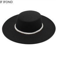 New Flat Top Hat For Women Big Brim 10CM Felt Fedora Hat With Pearl Ribbon Elegant Lady Wedding Jazz Cap