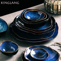 KINGLANG ชุดจานอาหารค่ำเซรามิกชุดอุปกรณ์บนโต๊ะอาหารสีฟ้าชุดรับประทานอาหารค่ำรูปร่างไม่สม่ำเสมอ1/2/4คน