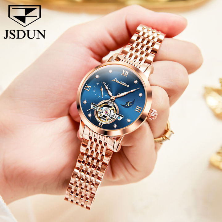 jsdun-ผู้หญิงนาฬิกาหรูอัตโนมัติเดิม-2023-ขายกันน้ำจำนำ-tourbillon-หน้าปัดดวงอาทิตย์ดวงจันทร์ดาวกุหลาบทองนาฬิกา