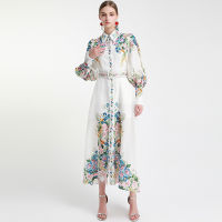 2021DEAT Woman Shirt Dress Lantern Long Sleeve Multicolor Floral Pattern With Sashes Elegant Bohemian Style 2021 New Autumn 15XF014