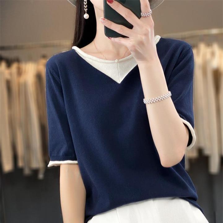 fake-two-piece-t-shirt-womens-2023-summer-womens-new-v-neck-loose-korean-color-matching-knitted-short-sleeved-womens-top-2023