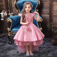 ZZOOI Western Style Tailed Girl Wedding Dress Elegant Crew Neck Baby Princess  Gown Embroidered Kid Beaded Clothing For 10 Year Child