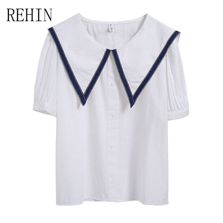 rehin-เสื้อสไตล์เกาหลีแบบใหม่แขนพองหวานสำหรับผู้หญิง-เสื้อแขนสั้นดีไซน์แบบหลวมคอตุ๊กตาแฟชั่นฤดูร้อน