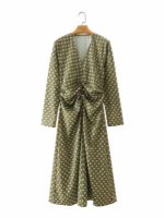 Fashion Women Green Print Pleated Dress Long Sleeve V Collar Ladies Vintage Dress