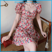 [KP Elegant]?? ภาษาฝรั่งเศส Retro Sweet Floral Dress ผู้หญิงหรูหราฤดูร้อนโบฮีเมีย Dress Holiday Dress แฟชั่นพัฟแขนสแควร์ปกเสื้อสั้น