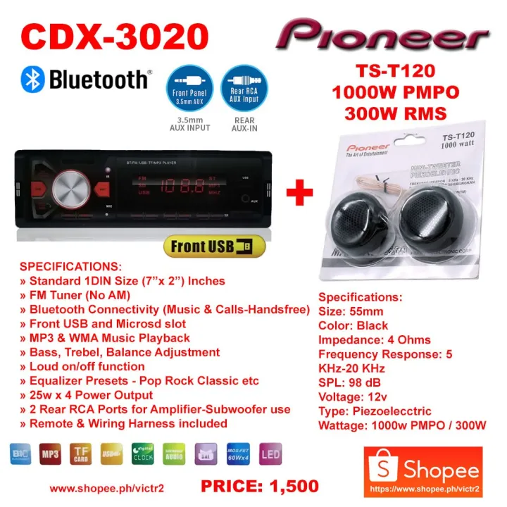 hot CDX3020 Bluetooth Car Stereo plus Pioneer TST120 Tweeters Lazada PH