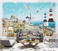 ☸ Decorative wallpaper Hand-painted coastal city background wall painting